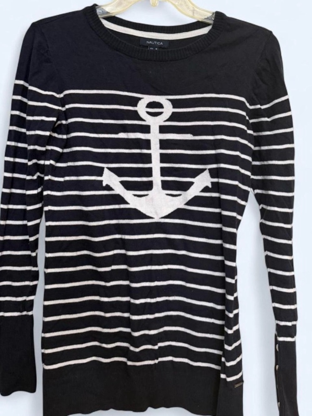 Nautica Navy & White Striped Anchor Sweater - Women's Sweater